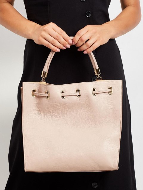 Kwadratowy shopper bag ściągany troczkiem, skóra naturalna - Rovicky Kwadratowy shopper bag ściągany troczkiem, skóra naturalna - Rovicky