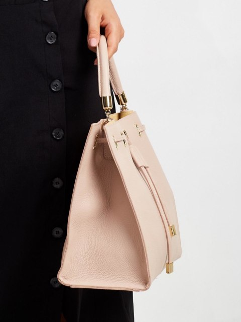 Kwadratowy shopper bag ściągany troczkiem, skóra naturalna - Rovicky Kwadratowy shopper bag ściągany troczkiem, skóra naturalna - Rovicky