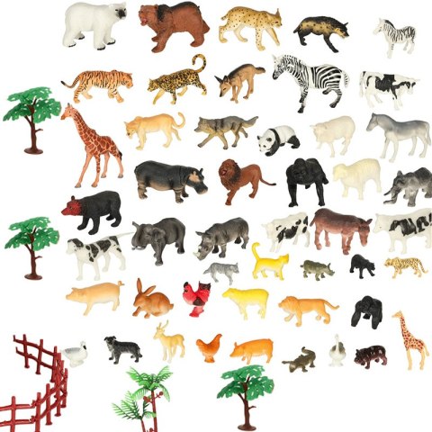 Figurki zwierząt zwierzęta zoo safari farma akcesoria skrzynka 59 el.